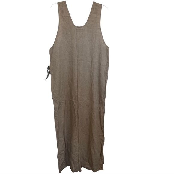 Flax 100% Linen Tan Sleeveless Button-Front Lagenlook Peasant Midi Dress - Picture 2 of 7